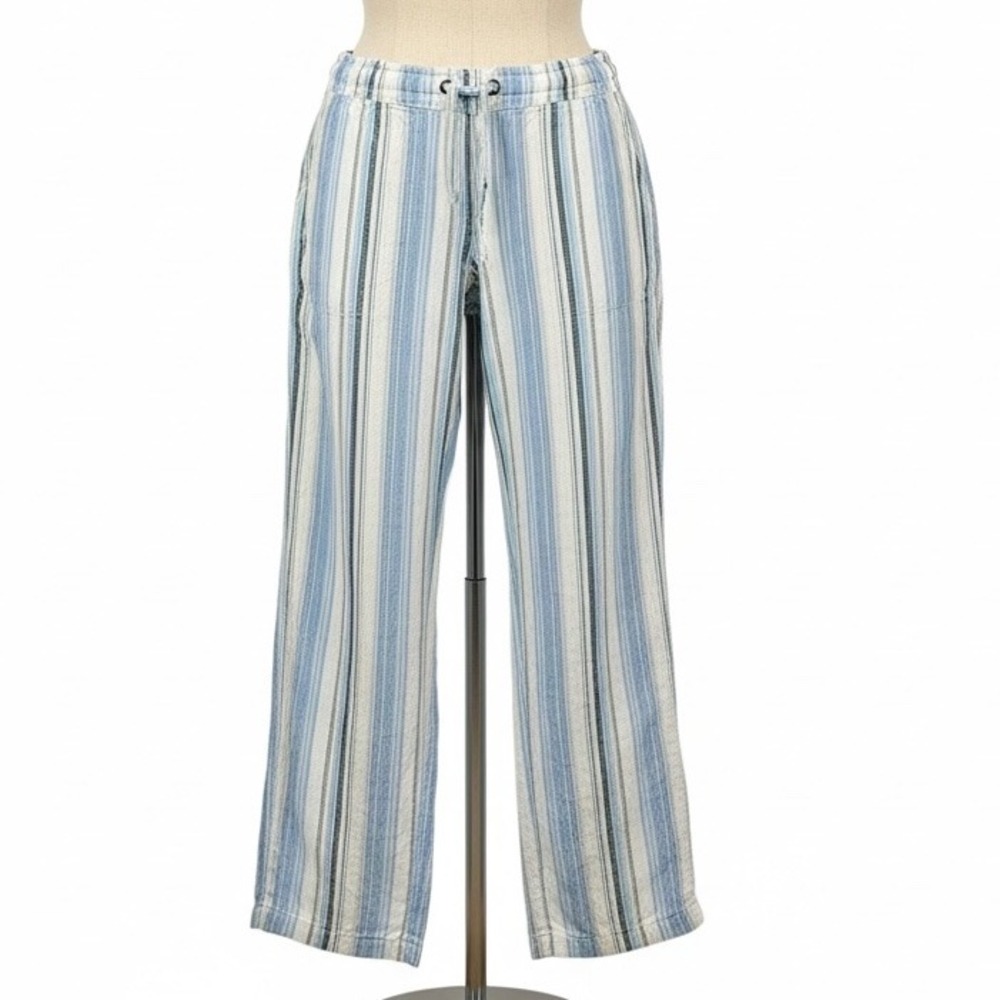 Per Se Blue Striped Linen Blend Drawstring Pants Women Size M - Picture 1 of 10